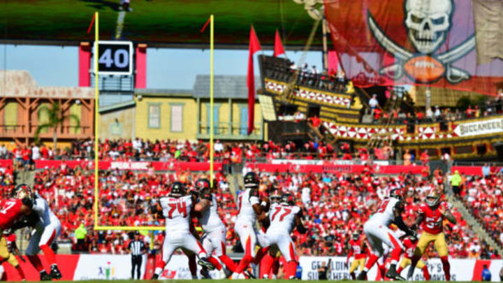 TAMPA, FLORIDA – NOVEMBER 25: Jameis Winston #3 of the Tampa Bay Buccaneers drops back to pass the ball during the first quarter against the San Francisco 49ers at Raymond James Stadium on November 25, 2018 in Tampa, Florida. (Photo by Julio Aguilar/Getty Images)