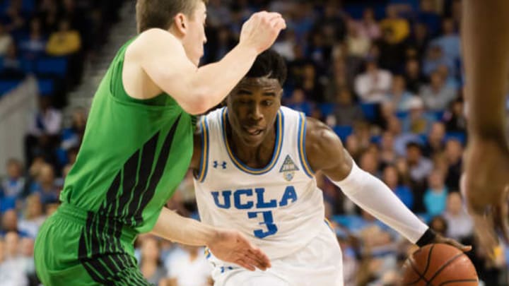 LOS ANGELES, CA – FEBRUARY 17: UCLA Bruins guard Aaron Holiday (3) drives the ball to the basket during the game between the Oregon Ducks and the UCLA Bruins on February 17, 2018, at Pauley Pavilion in Los Angeles, CA. (Photo by David Dennis/Icon Sportswire via Getty Images)