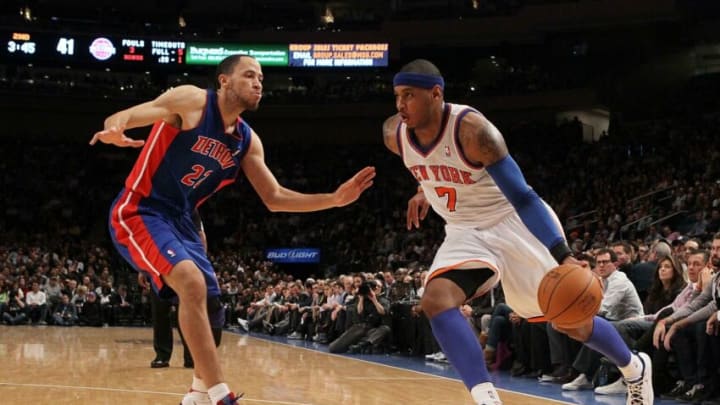 NEW YORK, NY - JANUARY 31: (NEW YORK DAILIES OUT) Carmelo Anthony #7 of the New York Knicks in action against Tayshaun Prince #22 of the Detroit Pistons on January 31, 2012 at Madison Square Garden in New York City. The Knicks defeated the Pistons 113-86. NOTE TO USER: User expressly acknowledges and agrees that, by downloading and/or using this Photograph, user is consenting to the terms and conditions of the Getty Images License Agreement. (Photo by Jim McIsaac/Getty Images)