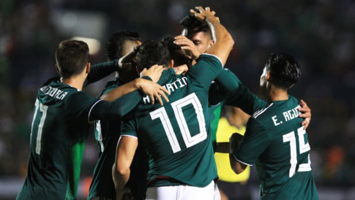 MONTERREY, MEXICO - OCTOBER 11: Players of Mexico celebrates after the third goal of his team during the international friendly match between Mexico and Costa Rica at Universitario Stadium on October 11, 2018 in Monterrey, Mexico. (Photo by Alfredo Lopez/Jam Media/Getty Images)