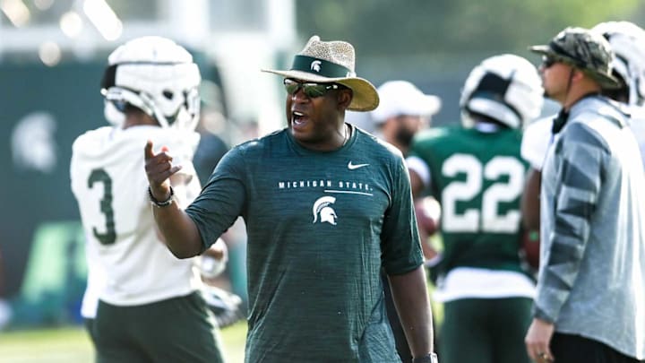 Michigan State’s head coach Mel Tucker calls out to players during the opening day of fall camp on Thursday, Aug. 5, 2021, on the MSU campus in East Lansing.210805 Msu Fball Camp 025a