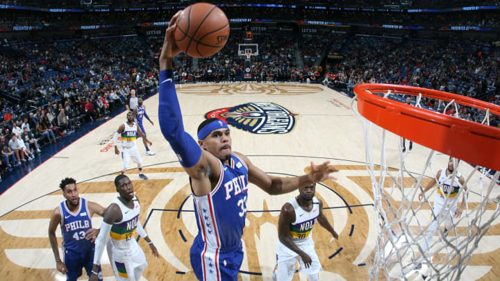 NEW ORLEANS, LA – FEBRUARY 25: Tobias Harris #33 of the Philadelphia 76ers dunks the ball against the New Orleans Pelicans on February 25, 2019 at the Smoothie King Center in New Orleans, Louisiana. NOTE TO USER: User expressly acknowledges and agrees that, by downloading and or using this Photograph, user is consenting to the terms and conditions of the Getty Images License Agreement. Mandatory Copyright Notice: Copyright 2019 NBAE (Photo by Layne Murdoch Jr./NBAE via Getty Images)