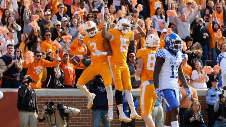 Nov 12, 2016; Knoxville, TN, USA; Tennessee Volunteers wide receiver Josh Malone (3) and wide receiver Jauan Jennings (15) celebrate after Malone scored a touchdown against the Kentucky Wildcats during the third quarter at Neyland Stadium. Mandatory Credit: Randy Sartin-USA TODAY Sports