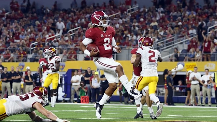 Sep 3, 2016; Arlington, TX, USA; Alabama Crimson Tide quarterback Jalen Hurts (2) runs for a touchdown during the third quarter against the USC Trojans at AT&T Stadium. Mandatory Credit: Tim Heitman-USA TODAY Sports