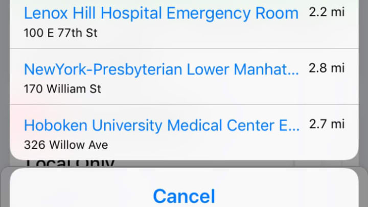 A list of New York City-area hospitals generated by Find Closest ER in Manhattan