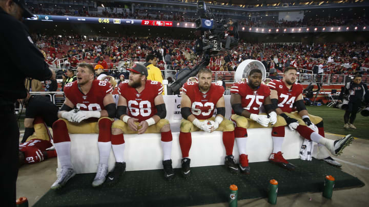 Mike McGlinchey #69, Mike Person #68, Ben Garland #63, Laken Tomlinson #75 and Joe Staley #74 of the San Francisco 49ers (Photo by Michael Zagaris/San Francisco 49ers/Getty Images)