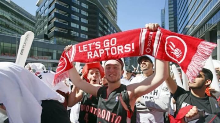 Apr 18, 2015; Toronto, Ontario, CAN; A general view of fans in Jurassic Park outside of the Air Canada Centre prior to game one of the first round of the NBA Playoffs between the Washington Wizards and Toronto Raptors. Mandatory Credit: John E. Sokolowski-USA TODAY Sports