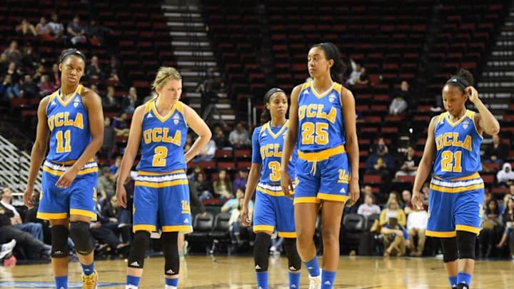 Mar 6, 2016; Seattle , WA, USA; UCLA Bruins forward Lajahna Drummer (11), guard Kari Korver (2), guard Jordin Canada (3), forward Monique Billings (25) and guard Chrissy Baird (32) react during the championship of Pac-12 Conference womens tournament against the Oregon State Beavers at KeyArena. Oregon State defeated UCLA 69-57. Mandatory Credit: Kirby Lee-USA TODAY Sports Mar 6, 2016; Seattle , WA, USA; UCLA Bruins forward Lajahna Drummer (11), guard Kari Korver (2), guard Jordin Canada (3), forward Monique Billings (25) and guard Chrissy Baird (32) react during the championship of Pac-12 Conference womens tournament against the Oregon State Beavers at KeyArena. Oregon State defeated UCLA 69-57. Mandatory Credit: Kirby Lee-USA TODAY Sports