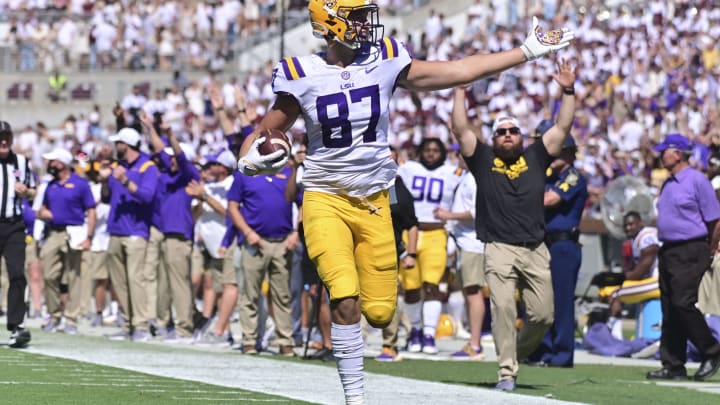 Sep 25, 2021; Starkville, Mississippi, USA; LSU Tigers tight end Kole Taylor (87) reacts as he scores a touchdown against the Mississippi State Bulldogs during the fourth quarter at Davis Wade Stadium at Scott Field. Mandatory Credit: Matt Bush-USA TODAY Sports