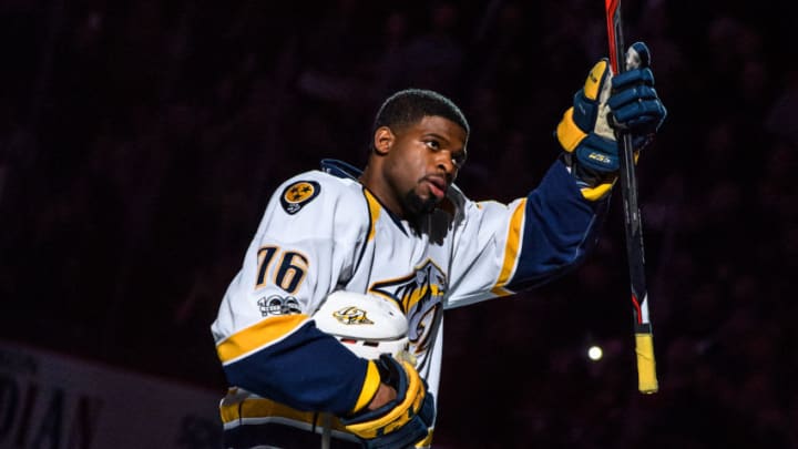 MONTREAL, QC - MARCH 02: After receiving an ovation Nashville Predators defenseman P.K. Subban (76) salutes the crowd before the first period of the NHL regular season game between the Nashville Predators and the Montreal Canadiens on March 2, 2017, at the Bell Centre in Montreal, QC (Photo by Vincent Ethier/Icon Sportswire via Getty Images)