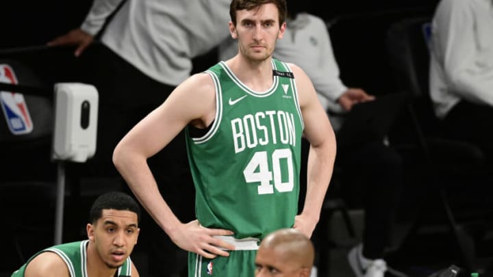 Luke Kornet #40 of the Boston Celtics looks on against the Brooklyn Nets (Photo by Steven Ryan/Getty Images)