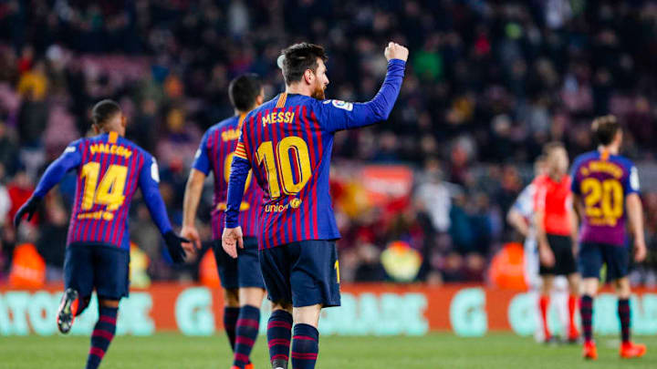 Lionel Messi (10) of FC Barcelona celebrates scoring the goal during the match FC Barcelona against CD Leganes, for the round 20 of the Liga Santander, played at Camp Nou on 20th January 2019 in Barcelona, Spain. (Photo by Mikel Trigueros/Urbanandsport/NurPhoto via Getty Images)
