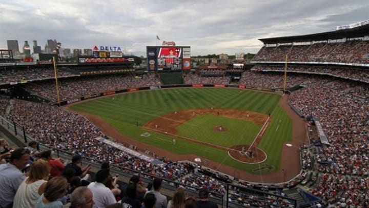 Jun 28, 2013; Atlanta, GA, USA; General view of Turner Field featuring the number ten in honor of former third baseman Chipper Jones (not pictured) during a game between the Atlanta Braves and Arizona Diamondbacks in the first inning at Turner Field. Mandatory Credit: Brett Davis-USA TODAY Sports