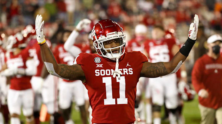 Nov 21, 2020; Norman, Oklahoma, USA; Oklahoma Sooners linebacker Nik Bonitto (11) reacts at the end of the first half against the Oklahoma State Cowboys at Gaylord Family-Oklahoma Memorial Stadium. Mandatory Credit: Kevin Jairaj-USA TODAY Sports