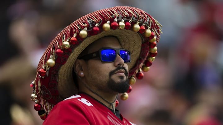 Dec 11, 2016; Santa Clara, CA, USA; San Francisco 49ers fan in a sombrero decorated with ornaments during the third quarter against the New York Jets at Levi