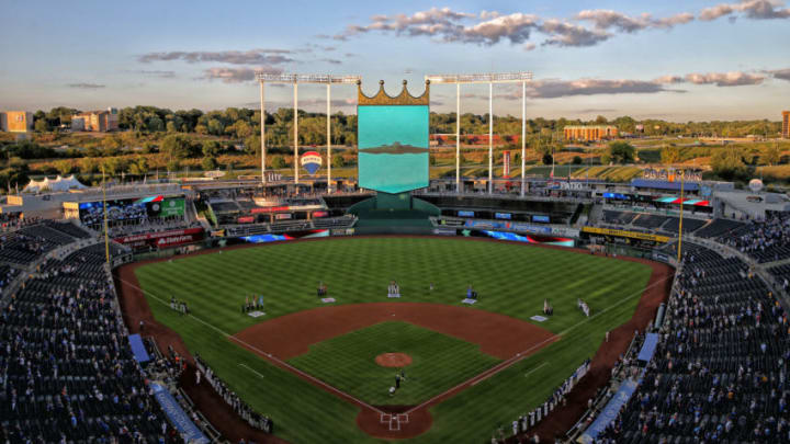 KANSAS CITY, MO - SEPTEMBER 11: A wide view of Kauffman stadium as a stealth bomber approaches for a flyover during the National Anthem before an MLB game between the Chicago White Sox and Kansas City Royals on September 11, 2018 in Kansas City, MO. (Photo by Scott Winters/Icon Sportswire via Getty Images)