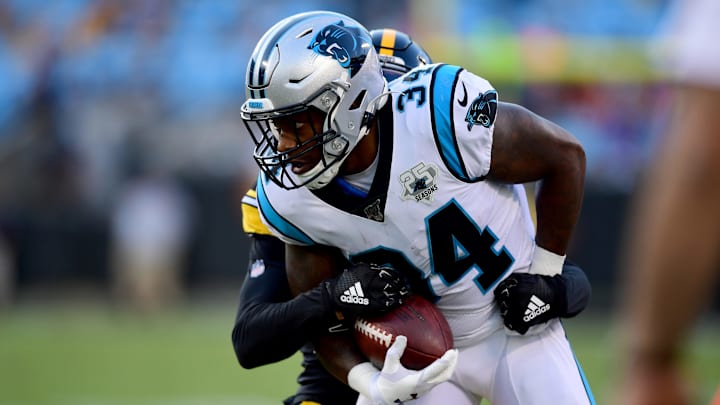 CHARLOTTE, NORTH CAROLINA – AUGUST 29: Cameron Artis-Payne #34 of the Carolina Panthers with the ball during their preseason game against the Pittsburgh Steelers at Bank of America Stadium on August 29, 2019 in Charlotte, North Carolina. (Photo by Jacob Kupferman/Getty Images)