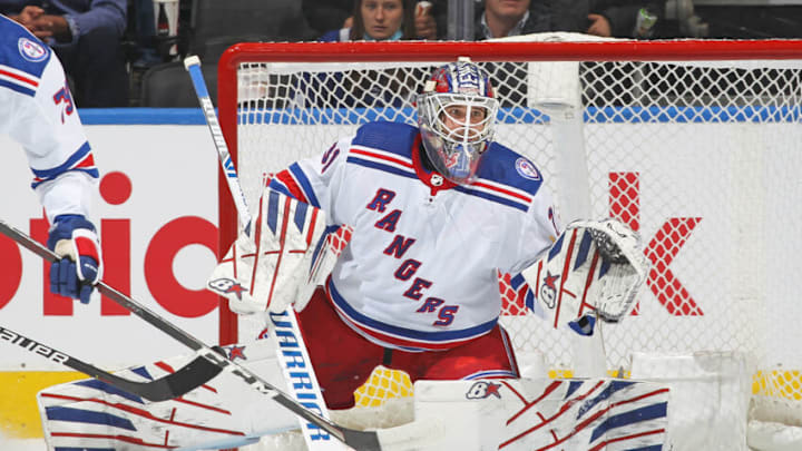 Igor Shesterkin #31 of the New York Rangers watches for an incoming shot against the Toronto Maple Leafs (Photo by Claus Andersen/Getty Images)