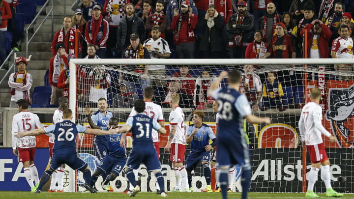 Feb 22, 2017; Harrison, NJ, USA; Vancouver Whitecaps forward Kekuta Manneh (23) celebrates with teammates after scoring a goal during the first half against the New York Red Bulls at Red Bull Arena. Mandatory Credit: Adam Hunger-USA TODAY Sports