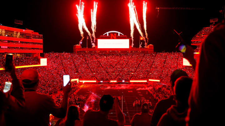 Oct 1, 2022; Lincoln, Nebraska, USA; Fans participate in a light show at the end of the third quarter between the Nebraska Cornhuskers and the Indiana Hoosiers at Memorial Stadium. Mandatory Credit: Dylan Widger-USA TODAY Sports