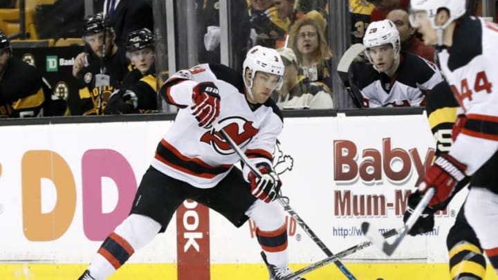 BOSTON, MA - MARCH 04: New Jersey Devils left wing Taylor Hall (9) plays the puck during a regular season NHL game between the Boston Bruins and the New Jersey Devils on March 4, 2017 at TD Garden in Boston, Massachusetts. The Bruins defeated the Devils 3-2. (Photo by Fred Kfoury III/Icon Sportswire via Getty Images)
