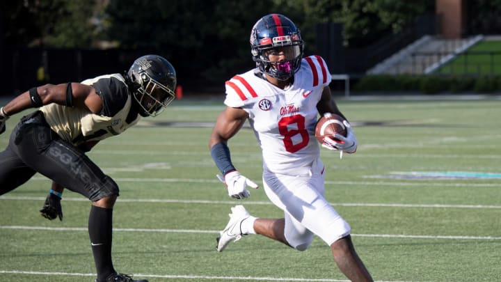 Mississippi wide receiver Elijah Moore (8) drives into the end zone for a touchdown past Vanderbilt during the second quarter at Vanderbilt Stadium Saturday, Oct. 31, 2020 in Nashville, Tenn. Nas Vandy Olemiss 028