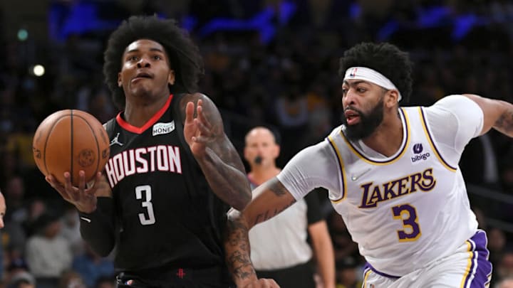 Oct 31, 2021; Los Angeles, California, USA; Houston Rockets guard Kevin Porter Jr. (3) drives to the basket past Los Angeles Lakers forward Anthony Davis (3) in the first half at Staples Center. Mandatory Credit: Jayne Kamin-Oncea-USA TODAY Sports Oct 31, 2021; Los Angeles, California, USA; Houston Rockets guard Kevin Porter Jr. (3) drives to the basket past Los Angeles Lakers forward Anthony Davis (3) in the first half at Staples Center. Mandatory Credit: Jayne Kamin-Oncea-USA TODAY Sports