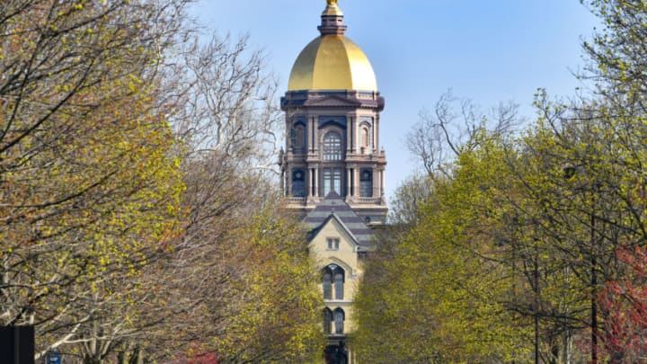 Apr 23, 2022; Notre Dame, Indiana, USA; The University of Notre Dame main building and golden dome seen before the annual Blue-Gold game at Notre Dame Stadium. Mandatory Credit: Matt Cashore-USA TODAY Sports
