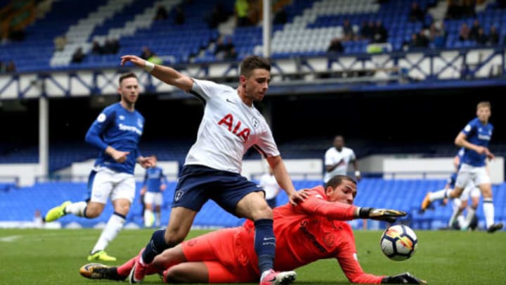 LIVERPOOL, ENGLAND – SEPTEMBER 10: Anthony Georgiou of Tottenham Hotspur competes for the ball with Joel Robles of Everton during the Premier League 2 match between Everton and Tottenham Hotspur at Goodison Park on September 10, 2017 in Liverpool, England. (Photo by Jan Kruger/Getty Images)