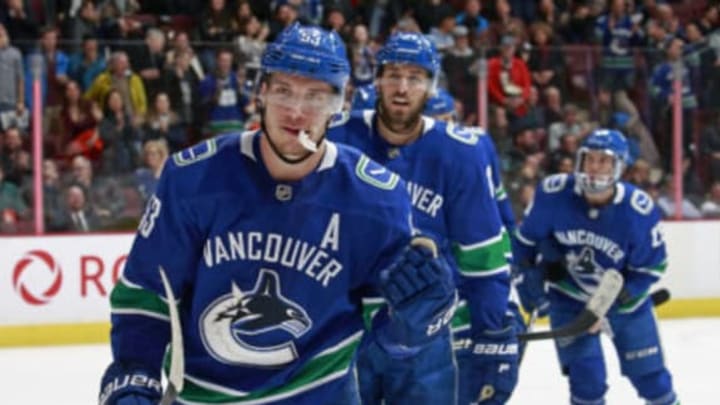 VANCOUVER, BC – FEBRUARY 25: Bo Horvat #53 of the Vancouver Canucks is congratulated by teammates after scoring during their NHL game against the Anaheim Ducks at Rogers Arena February 25, 2019 in Vancouver, British Columbia, Canada. (Photo by Jeff Vinnick/NHLI via Getty Images)