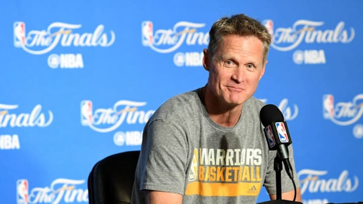 OAKLAND, CA - JUNE 04: Steve Kerr of the Golden State Warriors speaks at a press conference prior to Game 2 of the 2017 NBA Finals at ORACLE Arena on June 4, 2017 in Oakland, California. NOTE TO USER: User expressly acknowledges and agrees that, by downloading and or using this photograph, User is consenting to the terms and conditions of the Getty Images License Agreement. (Photo by Thearon W. Henderson/Getty Images)
