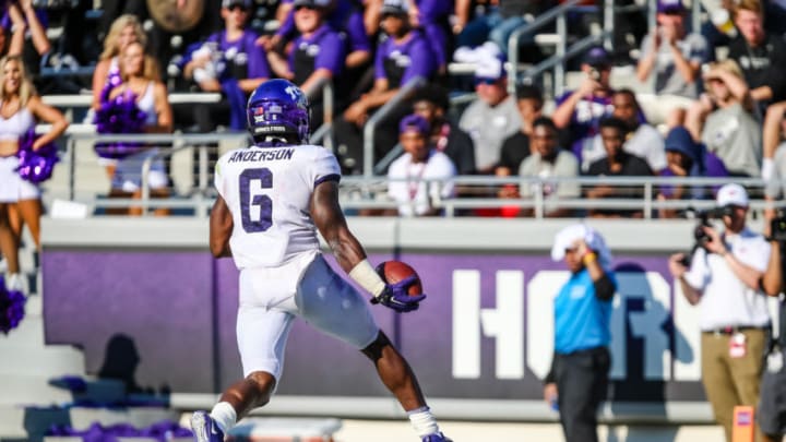 FORT WORTH, TX - SEPTEMBER 16: TCU Horned Frogs running back Darius Anderson (6) scores a touchdown during the game between the TCU Horned Frogs and the Southern Methodist Mustangs on September 16, 2017 at Amon G. Carter Stadium in Fort Worth, Texas. TCU defeats SMU 56-36. (Photo by Matthew Pearce/Icon Sportswire via Getty Images)
