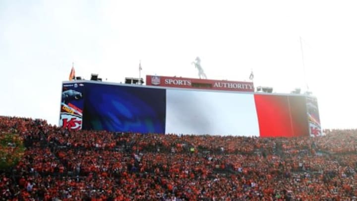 Nov 15, 2015; Denver, CO, USA; A general view as the scoreboard displays an image of the flag of France during a moment of silence for the November 13th terror attacks in Paris before the game between the Denver Broncos and the Kansas City Chiefs at Sports Authority Field at Mile High. The Chiefs won 29-13. Mandatory Credit: Chris Humphreys-USA TODAY Sports