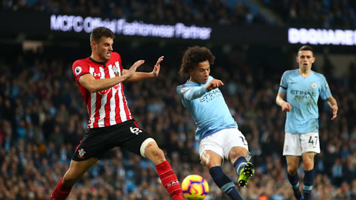 MANCHESTER, ENGLAND - NOVEMBER 04: Leroy Sane of Manchester City scores his team's sixth goal during the Premier League match between Manchester City and Southampton FC at Etihad Stadium on November 4, 2018 in Manchester, United Kingdom. (Photo by Clive Brunskill/Getty Images)