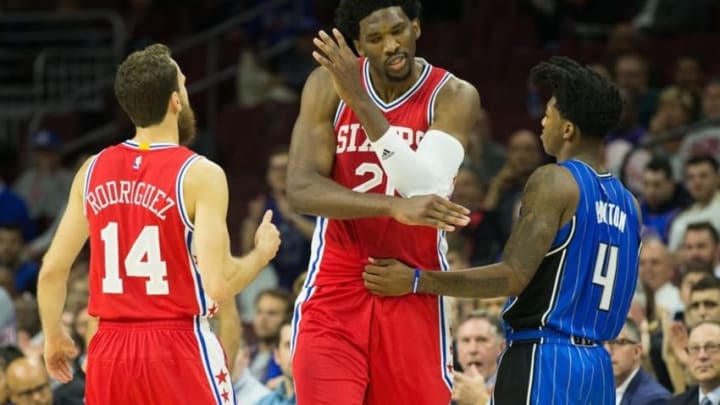 Philadelphia 76ers center Joel Embiid (21) is one of two 76ers in my FanDuel daily picks lineup for tonight. Mandatory Credit: Bill Streicher-USA TODAY Sports