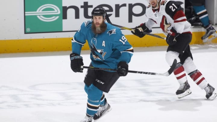 SAN JOSE, CA - JANUARY 13: Joe Thornton #19 of the San Jose Sharks skates against the Arizona Coyotes at SAP Center on January 13, 2018 in San Jose, California. (Photo by Rocky W. Widner/NHL/Getty Images)