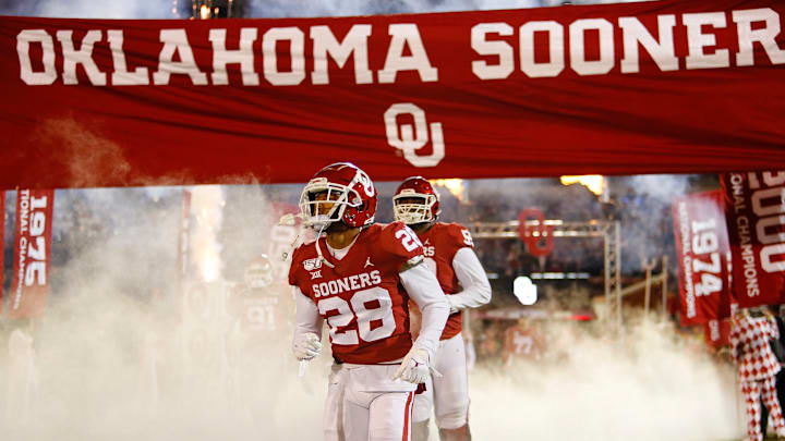 Safety Chanse Sylvie #28 of the Oklahoma Sooners runs onto the field for a game against the TCU Horned Frogs. on at Gaylord Family Oklahoma Memorial Stadium in Norman, Oklahoma. (Photo by Brian Bahr/Getty Images)