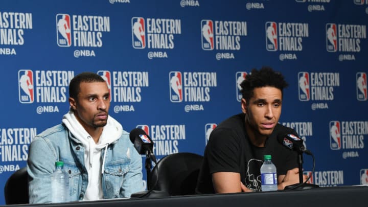 TORONTO, CANADA - MAY 19: George Hill #3 and Malcolm Brogdon #13 of the Milwaukee Bucks speaks with the media after the game against the Toronto Raptors during Game Three of the Eastern Conference Finals of the 2019 NBA Playoffs on May 19, 2019 at the Scotiabank Arena in Toronto, Ontario, Canada. NOTE TO USER: User expressly acknowledges and agrees that, by downloading and or using this Photograph, user is consenting to the terms and conditions of the Getty Images License Agreement. Mandatory Copyright Notice: Copyright 2019 NBAE (Photo by Ron Turenne/NBAE via Getty Images)