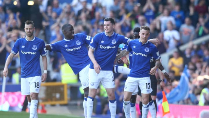 LIVERPOOL, ENGLAND - APRIL 21: Lucas Digne of Everton celebrates with teammates after scoring his team's third goal during the Premier League match between Everton FC and Manchester United at Goodison Park on April 21, 2019 in Liverpool, United Kingdom. (Photo by Jan Kruger/Getty Images)