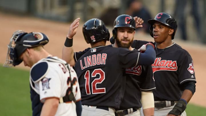 MINNEAPOLIS, MN - MAY 31: Mitch Garver #23 of the Minnesota Twins looks on as Jason Kipnis #22 and Greg Allen #1 of the Cleveland Indians congratulates teammate Francisco Lindor #12 on three-run home run against the Minnesota Twins during the fourth inning of the game on May 31, 2018 at Target Field in Minneapolis, Minnesota. (Photo by Hannah Foslien/Getty Images)