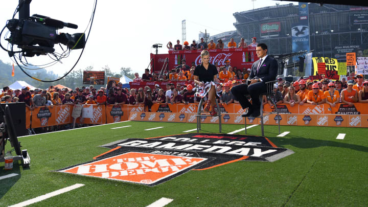 Sep 10, 2016; Bristol, TN, USA; College Gameday hosts Samantha Ponder and David Pollack prior to the Battle at Bristol football game between the Virginia Tech Holies and Tennessee Volunteers at Bristol Motor Speedway. Mandatory Credit: Christopher Hanewinckel-USA TODAY Sports