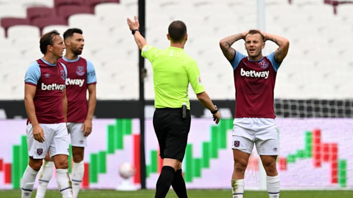 LONDON, ENGLAND - AUGUST 29: Jack Wilshere of West Ham United looks frustrated during the Pre-Season Friendly match between West Ham United and Brentford at London Stadium on August 29, 2020 in London, England. (Photo by Shaun Botterill/Getty Images)