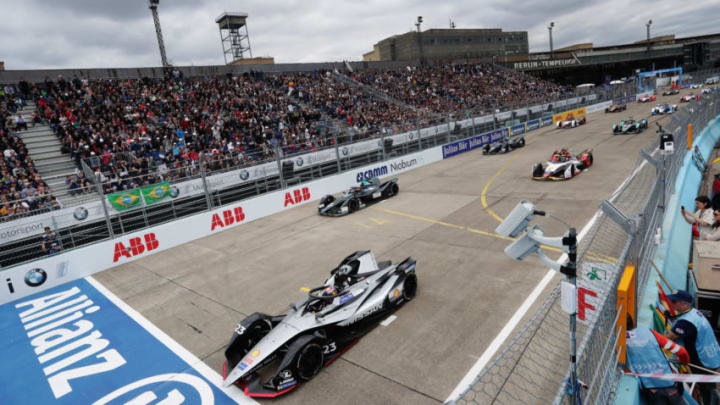 BERLIN, GERMANY - MAY 25: In this handout from FIA Formula E - Sébastien Buemi (CHE), Nissan e.Dams, Nissan IMO1 leads at the start of the race at Tempelhof Airport on May 25, 2019 in Berlin, Germany. (Photo by FIA Formula E/Handout/Getty Images)