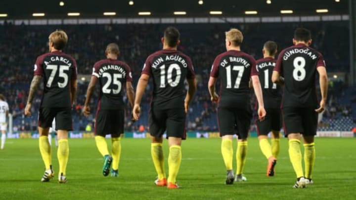 WEST BROMWICH, ENGLAND – OCTOBER 29: Aleix Garcia, Fernandinho, Sergio Aguero, Kevin De Bruyne, Aleksandar Kolarov and Ilkay Gundogan of Manchester City walk away during the Premier League match between West Bromwich Albion and Manchester City at The Hawthorns on October 29, 2016 in West Bromwich, England. (Photo by Catherine Ivill – AMA/West Bromwich Albion FC via Getty Images )