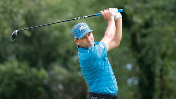 JERSEY CITY, NEW JERSEY - AUGUST 19: Sergio Garcia of Spain plays his shot from the 16th tee during the first round of THE NORTHERN TRUST, the first event of the FedExCup Playoffs, at Liberty National Golf Club on August 19, 2021 in Jersey City, New Jersey. (Photo by Sarah Stier/Getty Images)