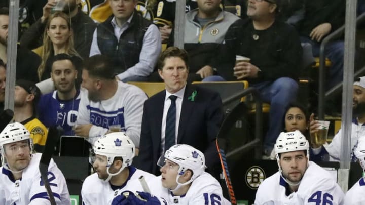 BOSTON, MA - APRIL 12: Toronto Maple Leafs head coach Mike Babcock during Game 1 of the First Round for the 2018 Stanley Cup Playoffs between the Boston Bruins and the Toronto Maple Leafs on April 12, 2018, at TD Garden in Boston, Massachusetts. The Bruins defeated the Maple Leafs 5-1. (Photo by Fred Kfoury III/Icon Sportswire via Getty Images)