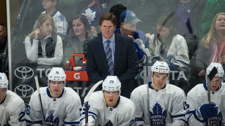 Oct 20, 2016; Saint Paul, MN, USA; Toronto Maple Leafs head coach Mike Babcock looks on during the third period against the Minnesota Wild at Xcel Energy Center. The Wild defeated the Maple Leafs 3-2. Mandatory Credit: Brace Hemmelgarn-USA TODAY Sports