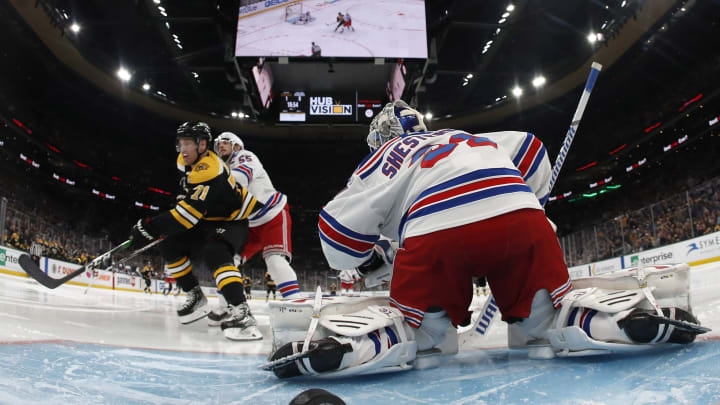 Apr 23, 2022; Boston, Massachusetts, USA; Boston Bruins left wing Taylor Hall (71) scores on New York Rangers goaltender Igor Shesterkin (31) during the second period at TD Garden. Mandatory Credit: Winslow Townson-USA TODAY Sports