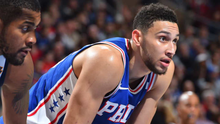 PHILADELPHIA,PA - NOVEMBER 20 : Ben Simmons #25 of the Philadelphia 76ers looks on against the Utah Jazz at Wells Fargo Center on November 20, 2017 in Philadelphia, Pennsylvania Copyright 2017 NBAE (Photo by Jesse D. Garrabrant/NBAE via Getty Images)