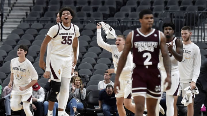 LAS VEGAS, NEVADA - NOVEMBER 19: Taeshon Cherry #35 of the Arizona State Sun Devils and Arizona State bench react after the team defeated the Mississippi State Bulldogs 72-67 in a semifinal game of the MGM Resorts Main Event basketball tournament at T-Mobile Arena on November 19, 2018 in Las Vegas, Nevada. (Photo by David Becker/Getty Images)